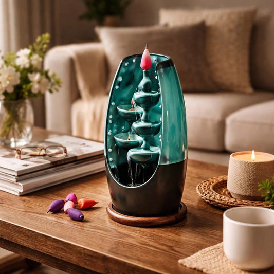 Ceramic Backflow Incense Burner with Cones, Waterfall Incense Holder for Aromatherapy, Zen Home Decor Smoke Fountain, Meditation Room Decor